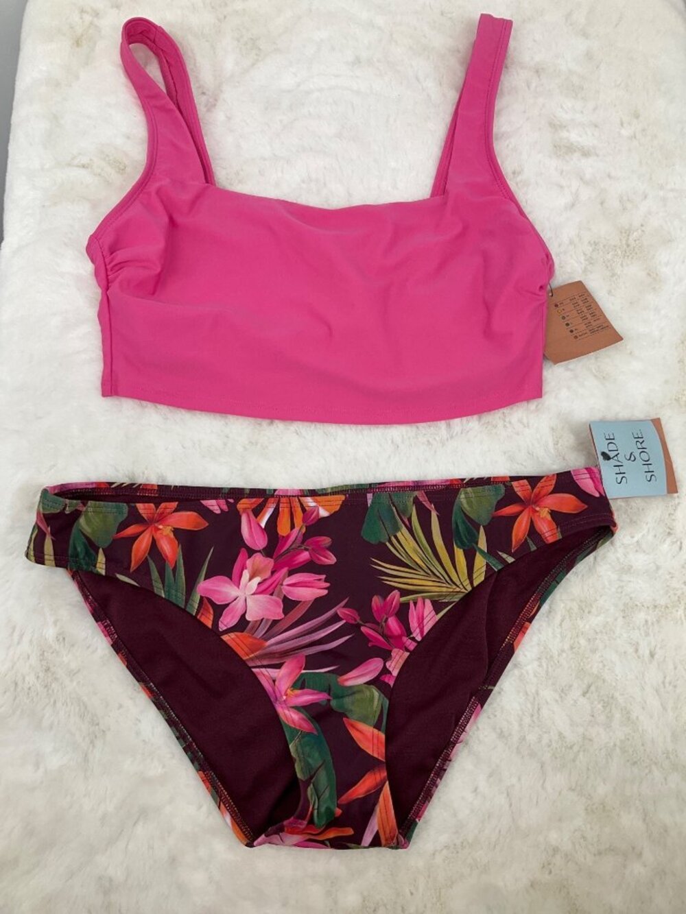 Shade & Shore Large 12-14 Pink & Floral Bikini Set Low Rise NEW - Picture 2 of 9